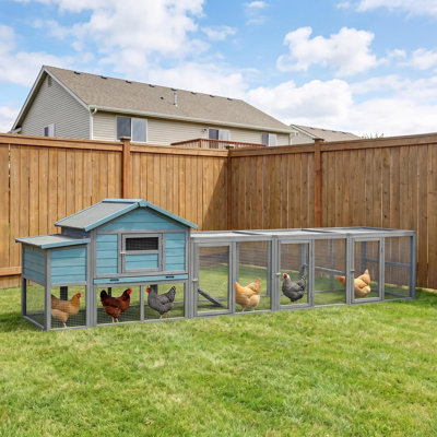 141" Large Wooden Chicken Coop with Outdoor Run, Nesting Box, Pull-Out Tray and Locking Doors for 6-10 Chickens, Blue-Gray
