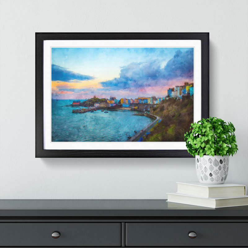 Tenby Harbour in Pembrokeshire Wales - Picture Frame Painting Print, Black, 62cm H x 87cm W x 2cm D