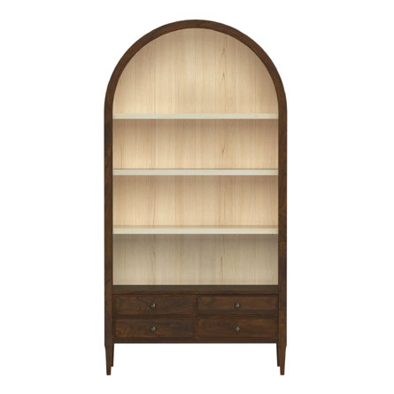 Arched wood bookcase with four shelves and four drawers.