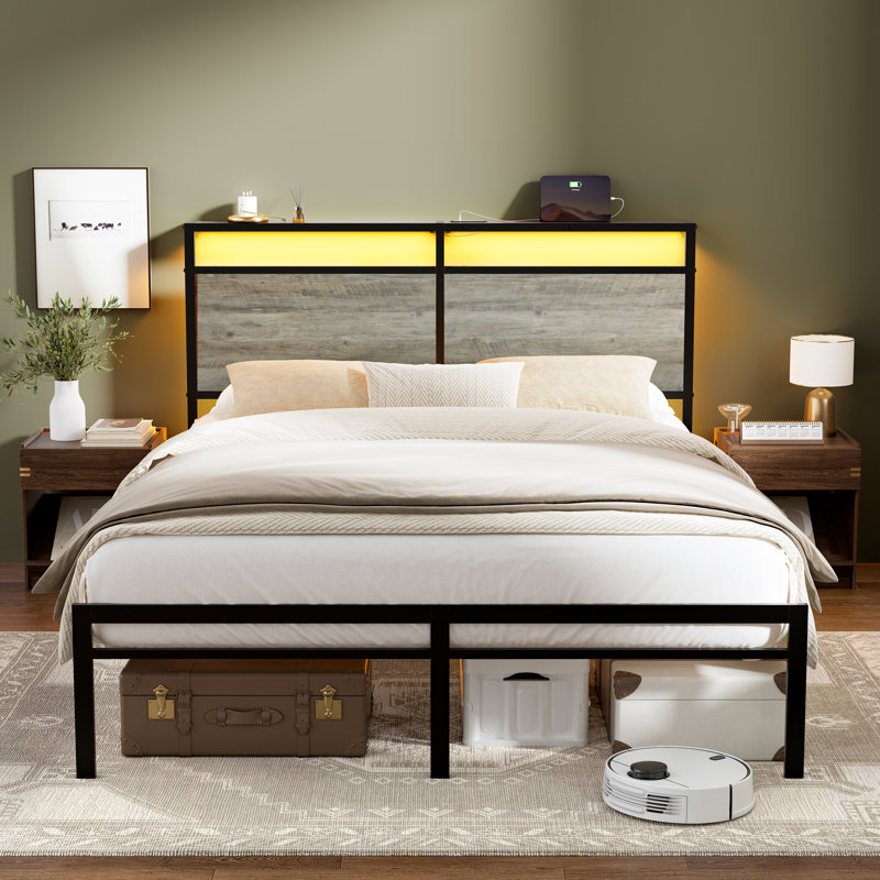 Antioch Metal Platform Bed with LED Light and Charging Station, Full, Gray