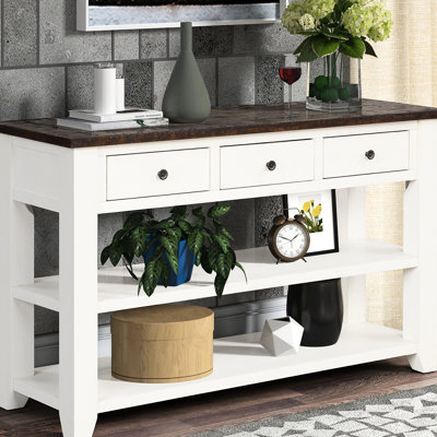 Console Retro Blue + Brown, bois de pin massif de 48 po, 3 tiroirs et 2 tablettes, entrée moderne pour le côté simple de l'assemblage en bois avec fonction pour le salon, la chambre à coucher