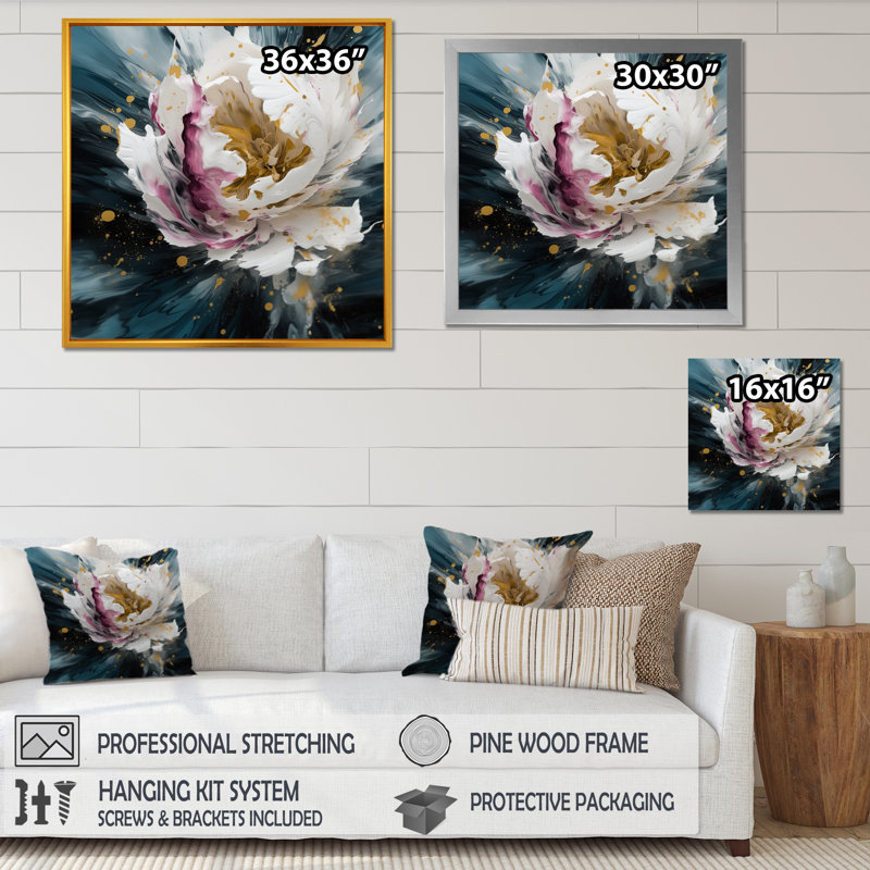 «White Peony Petals In Bloom I», reproduction d'art sur toile, Cadre photo noir, H 16 po x l 16 po x P 1 po