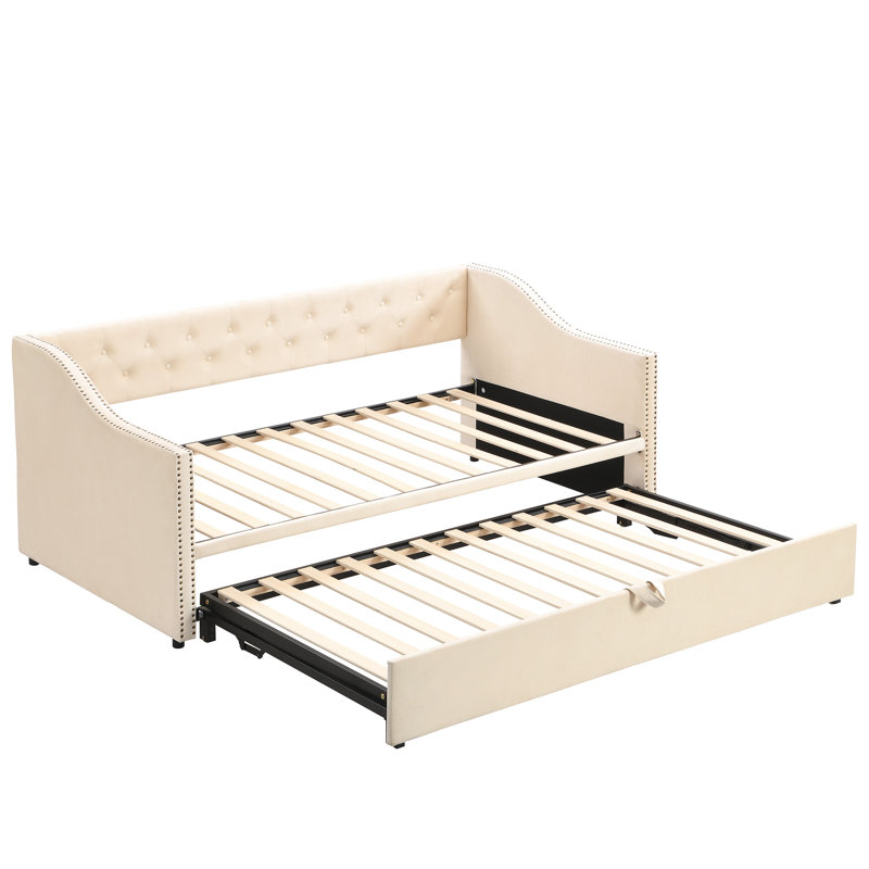 Lit de jour simple avec revêtement beige et gigogne escamotable - Fonctionnel classique sans sommier tapissier au design élégant pour tout décor d'intérieur, d'invités et de salon