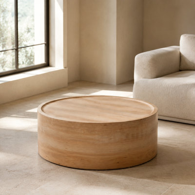 Table basse ronde avec finition grain de bois naturel, table d'appoint tambour moderne minimaliste
