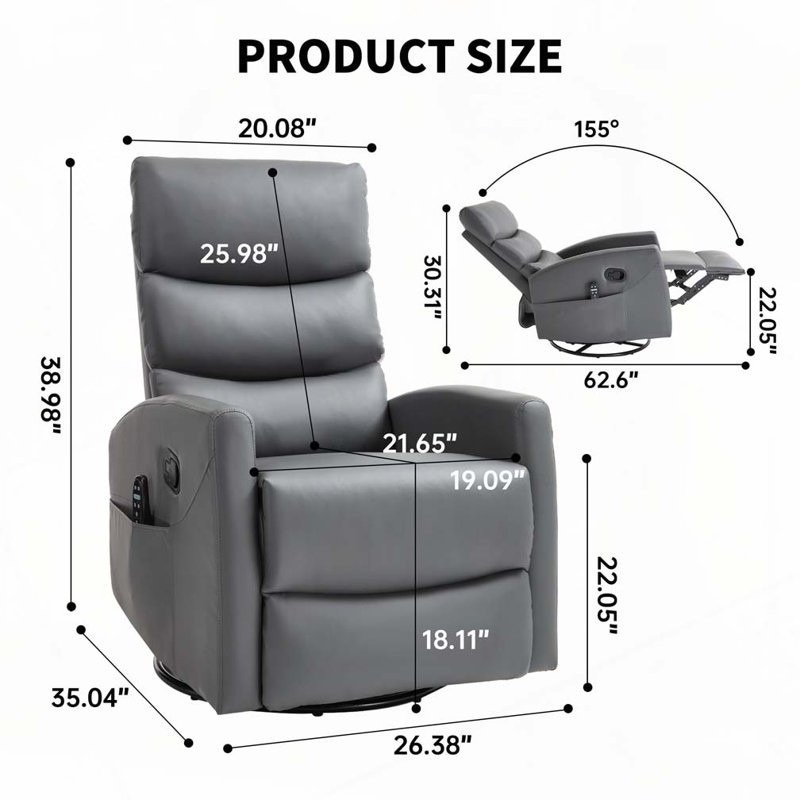 Fauteuil inclinable manuel chauffant avec chaise berçante et pivotante, Faux Leather, Gris, Manual - Handle / Lever