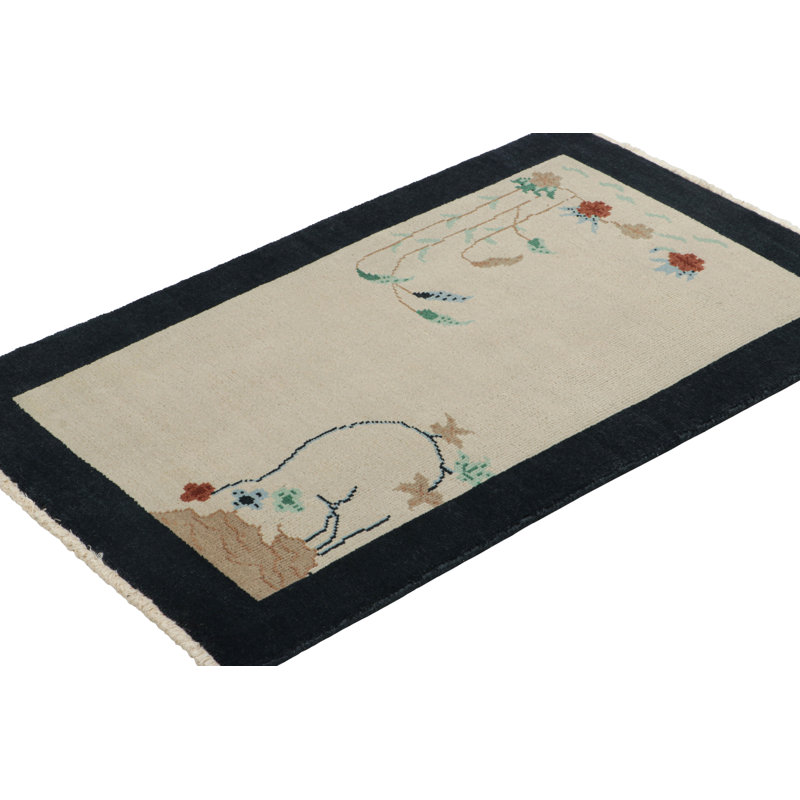 Rug & Kilim’S Chinese Deco Rug In White With Floral Patterns And Navy Border