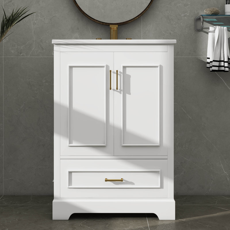 Meuble-lavabo moderne avec lavabo en céramique 2 portes et 1 tiroir pratique, Blanc