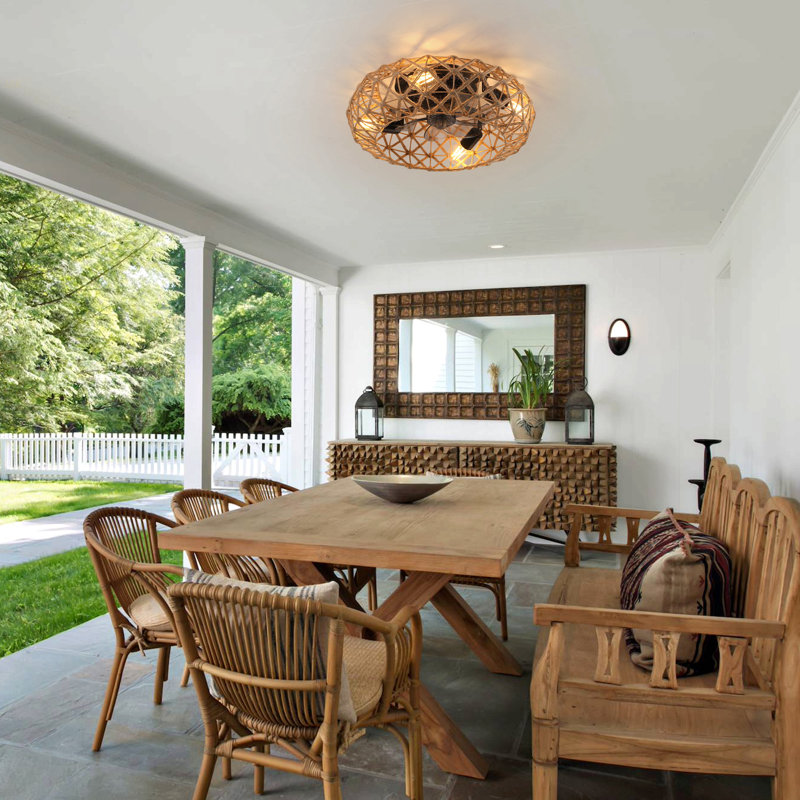 Ceiling-Mounted Jute Rope Fan Light Strip With 4 Bulbs, Dimmable, 7 Dlades, Reversible DC Motor