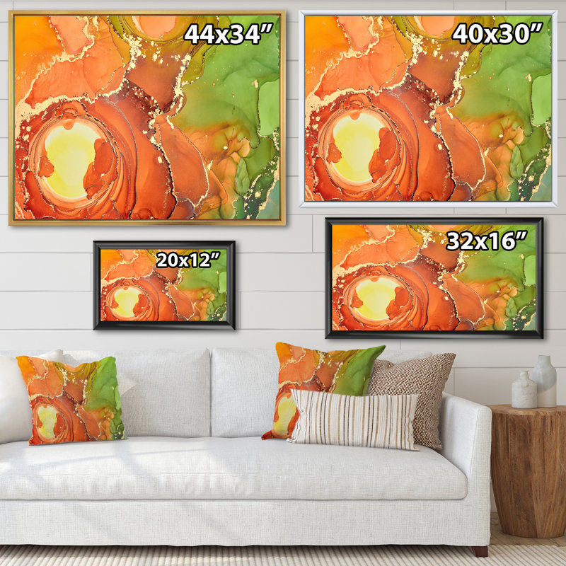 «Brown and Green Luxury Abstract Fluid Art», peinture sur toile, H 12 po x l 20 po, Cadre flottant en érable