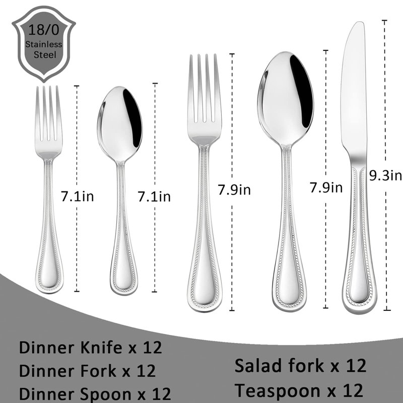 Silverware Set, 60-Piece Stainless Steel Flatware Service For 12, Pearled Edge Tableware Cutlery Include Knife/Fork/Spoon, Beading Eating Utensil For Home, Mirror Polished, Dishwasher Safe