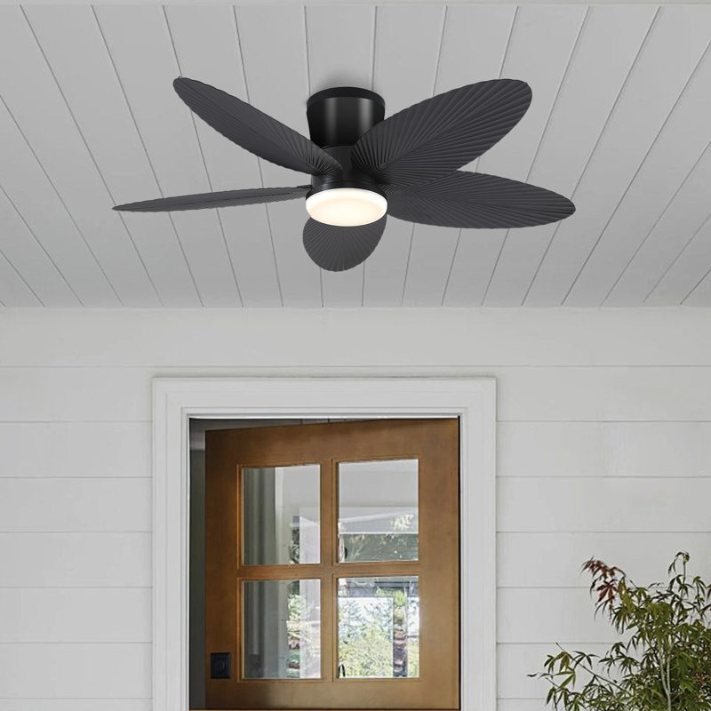 42" 5-blade Indoor Tropical Flush Mount Ceiling Fan With Light And Remote/app Control, Black