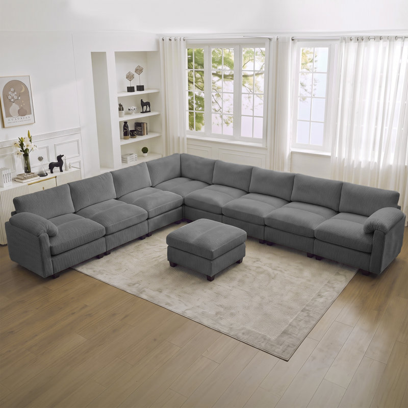 Canapé modulaire 5 places avec accoudoirs coussinés, Chenille grise, 5 Seat
