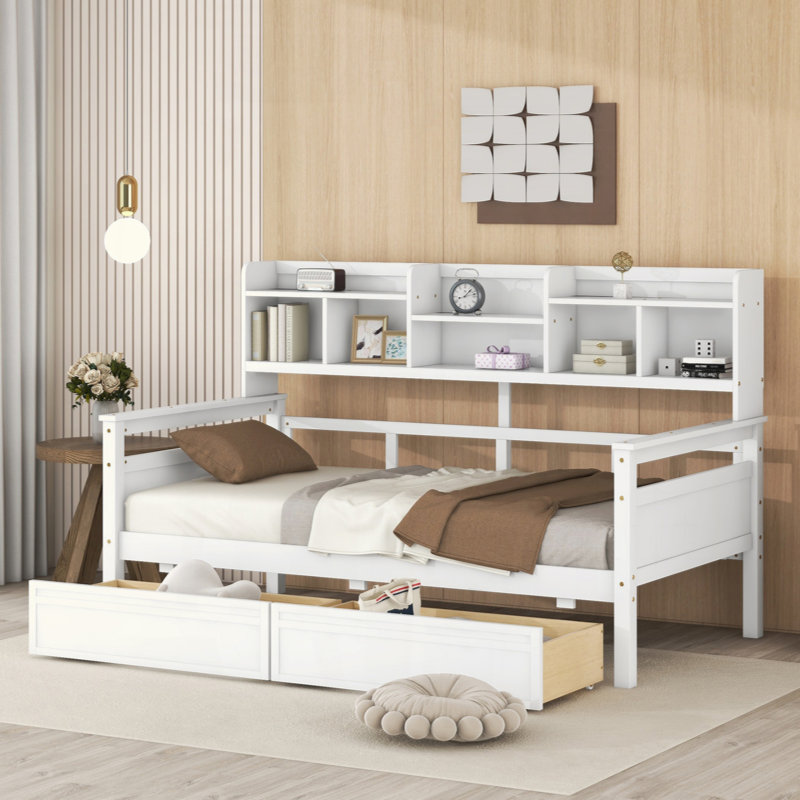 Daybed, Wood Slat Support, With Bedside Shelves And Two Drawers, Twin, White