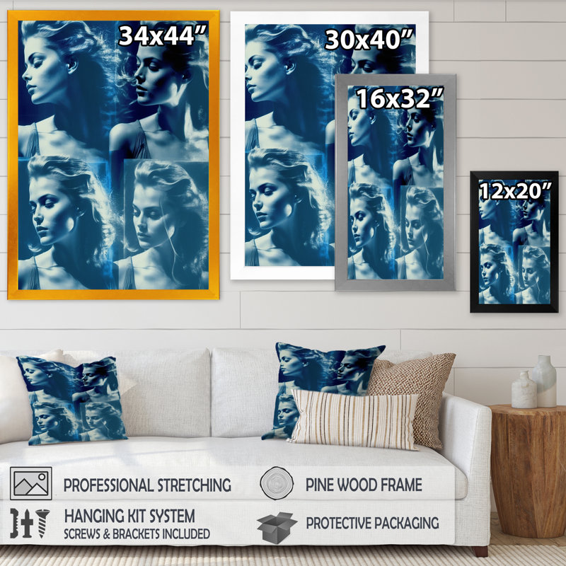 Chayenne modèles double exposition en bleu rétro III sur toile, Encadrement doré, H 32 po x l 24 po x P 1 po