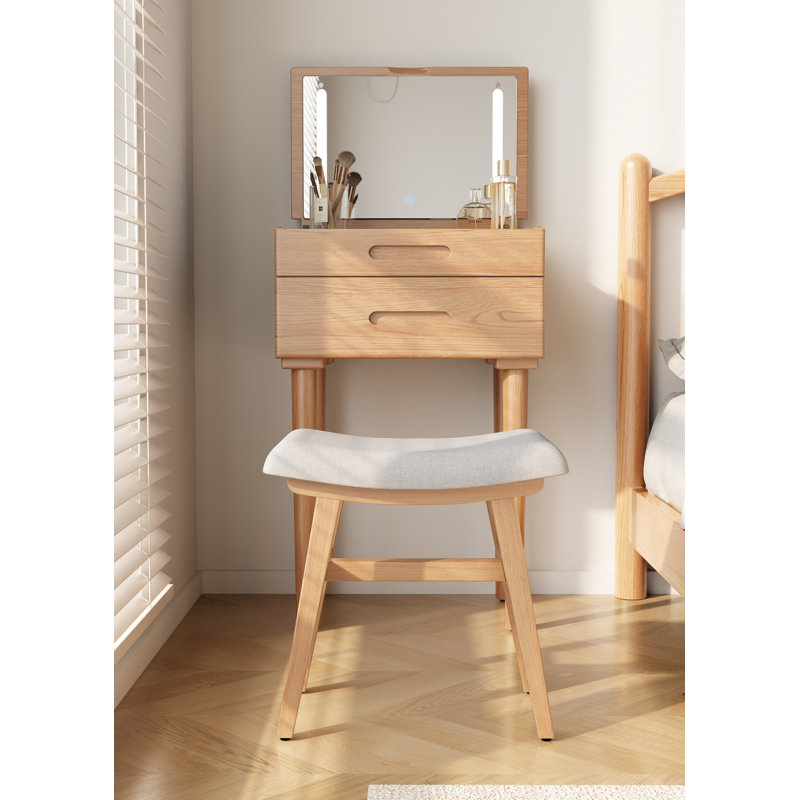 Solid Wood Frame Vanity Chair with High-Density Sponge Cushion, Tan, 16.5" H x 16.54" W x 9.4"D