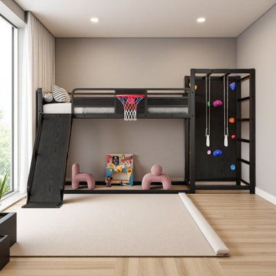 Metal Loft Bed With Basketball Hoop, Pull-Up Rings, Climbing Wall, And Built-In Bookshelves. Playful Children's Design Featuring A Slide