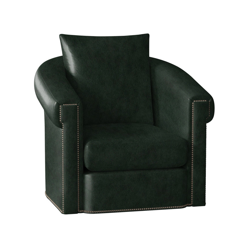 Fauteuil pivotant en cuir véritable de 35 po de large Andre, Nickel, Cuir véritable vert forêt d'Anilina