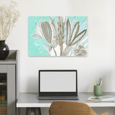 Light Aqua Gray Background Primitive Floral 1 Abstract Organic Contemporary Spring Summer Wall Art