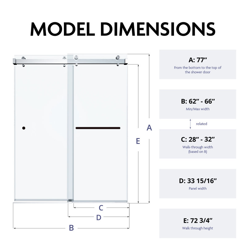 62" - 66" W x 77" H Frameless Double Sliding Tempered Clear Glass Shower Door |3/8" (10 mm) Thickened Tempered Glass | Easy Clean Coating | Stainless Steel Hardware | Leak-Resistant Water Seal