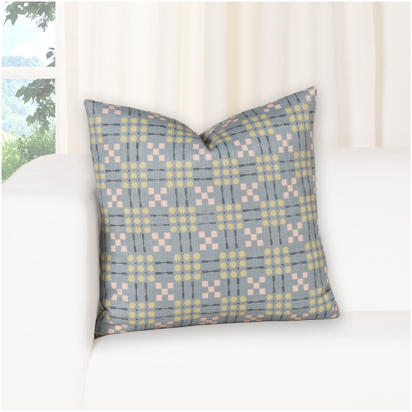 Gridwork Geometric Accent Pillow, Square 20", Feather, Pink
