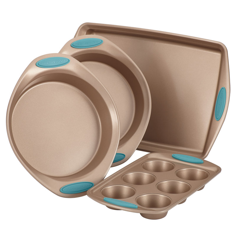Rachael Ray Cucina Nonstick Baking Pans / Bakeware Set, 4 Piece, Latte Brown with Agave Blue Handles