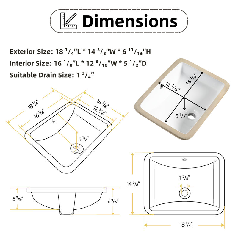 Los Flexi Rectangular Undermount Bathroom Sink 18 Inch x 14 Inch, White Ceramic With Overflow