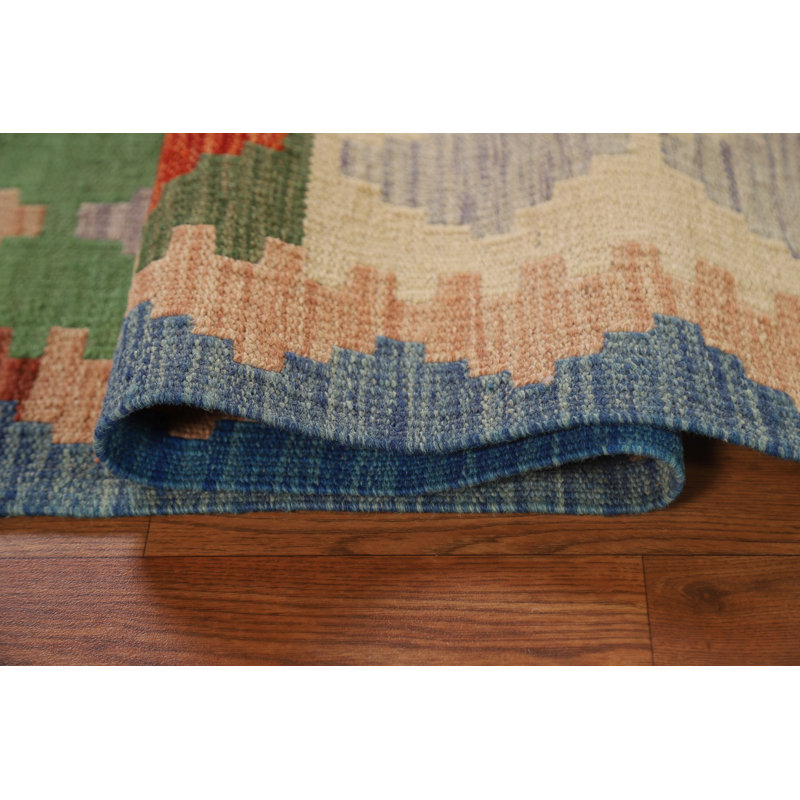 Geometric Handmade Flatweave Rectangle 4'9" x 6'4" Wool Area Rug in Red/Blue/Orange