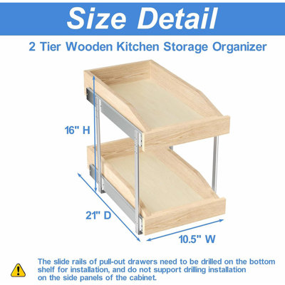 2 Tier Pull Out Cabinet Organizer, Double Tier Slide Out Wood Cabinet Organizer with Soft Close, Pull Out Drawers for Base Cabinet Organization in Pantry, Kitchen(10½" W x 21" D)