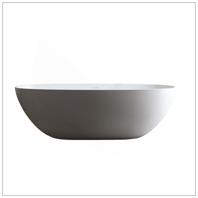 Baignoire de 59 po à surface solide matte, baignoire de trempage à surface solide, baignoire autoportante en résine de pierre, baignoires autoportantes à rebord épais avec trop-plein, bonde escamotable, blanc mat (ovale)