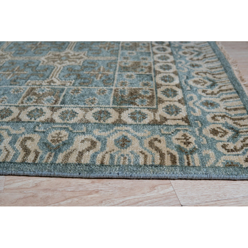 Charming Alluring Gray Hand Knotted Wool Traditional Geometric Area Rug, Rectangle 9' x 12'