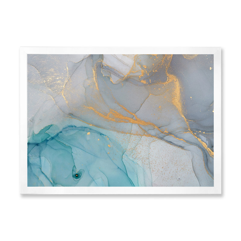 Encre liquide turquoise et bleue - Peinture sur toile, H 30 po x l 40 po, Impression encadrée, Blanc