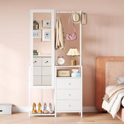 Armoire à bijoux avec 3 tiroirs Jakyitvi, armoire à bijoux avec tablettes pour sacs à main, armoire à bijoux avec porte-manteau pour vêtements, pleine longueur avec rangement pour femmes (blanc)