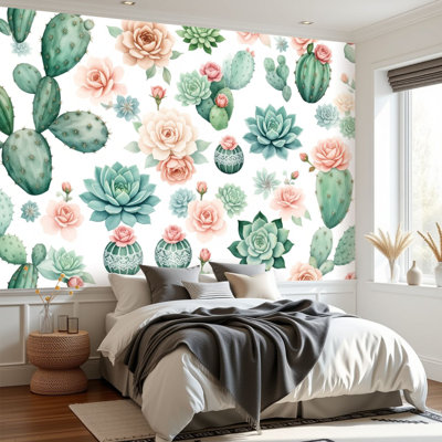 Peel and Stick papier peint aquarelle Cactus Succulent sans soudure Doux Pastel Desert Wall Mural