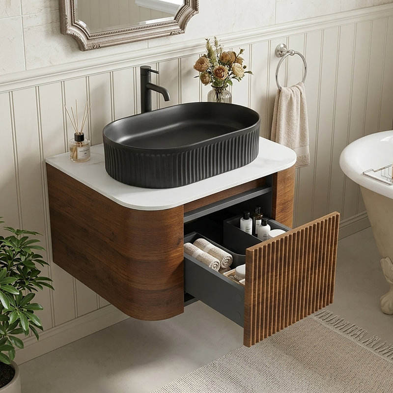 Meuble-lavabo mural simple lavabo de 61 cm (24 po) avec comptoir en marbre reconstitué

Au-dessus, Noyer