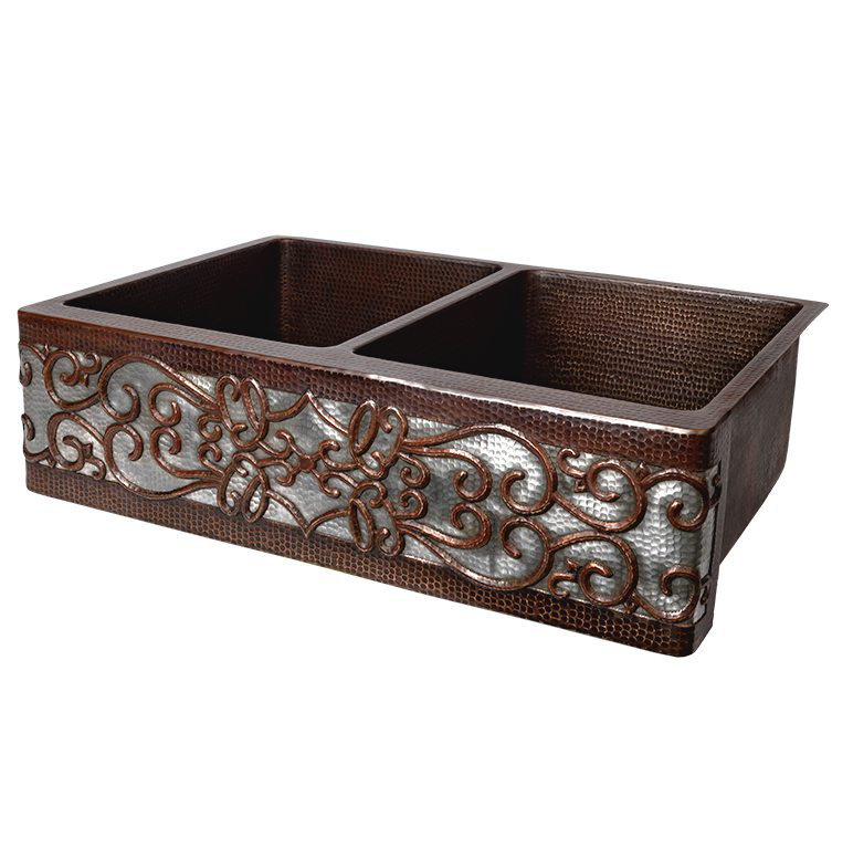 33" Hammered Copper Kitchen Apron 50/50 Double Basin Sink w/ Scroll Design and Apron Front Nickel Background with Matching Drains, and Accessories