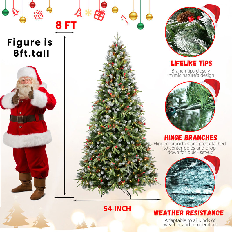 Arbre de Noël artificiel givré pré-éclairé avec pommes de pin et baies, 8'