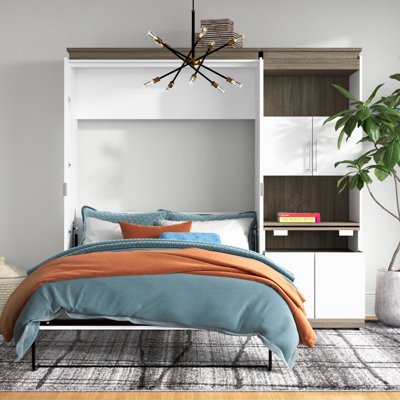 Armiead Murphy Bed with Shelves and Pull-Out out Dewsk, White/Walnut Gray, Queen