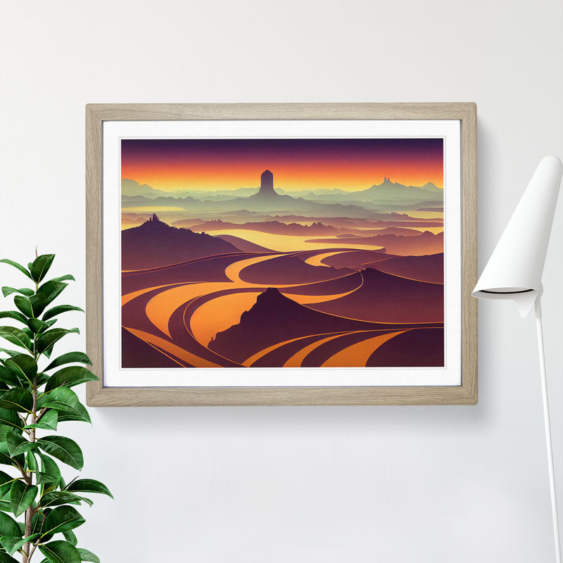 Art Deco Sunset Landscape - Single Picture Frame Print, 34cm H x 46cm W, Grey