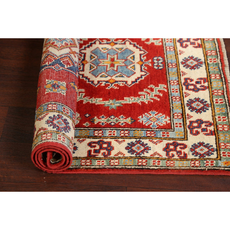 Tapis rouge en laine noué à la main de conception unique 2 pi 8 po x 4 pi 1 po