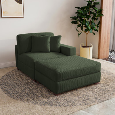 Upholstered Green Corduroy Modular  Chaise Lounge with Armrests & Throw Pillows