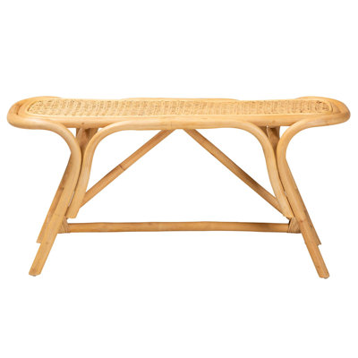 Banc naturel avec style bohémien moderne, siège ovale, décor tissé, supports triangulaires et pieds inclinés, brun, 15 po de profondeur, 38,6 po de largeur, 18,1 po de hauteur, 9,6 lb de poids, structures de soutien en pouces