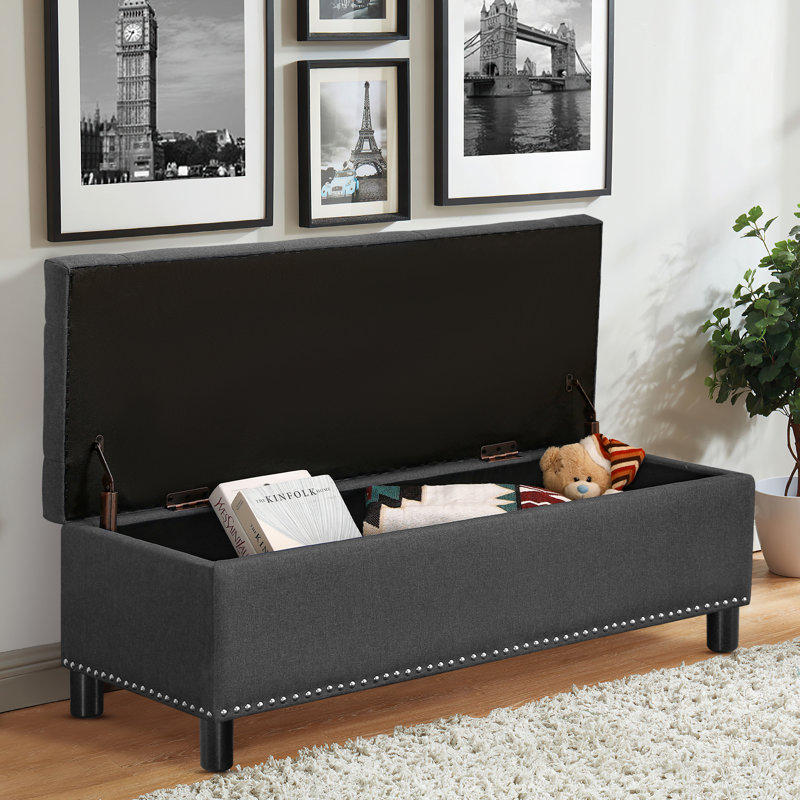 Upholstered Storage Bench, Linen Button-tufted End of Bed Bench for Living Room, Bedroom, Dark Gray