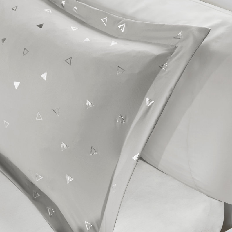 Metallic Triangle Print Comforter Set, Grey/Silver, Twin/Twin XL Comforter + 1 Sham + 2 Thow Pillows