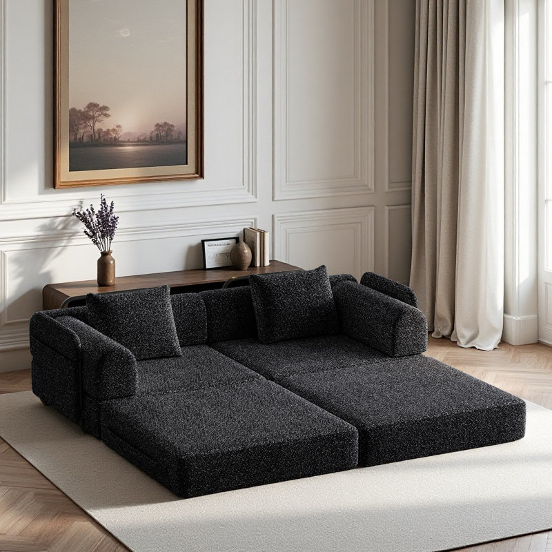 Boneless 72.4" Convertible Sofa Bed, Sofa With Two Side Storage Pockets And Two Cushions, Black Chenille