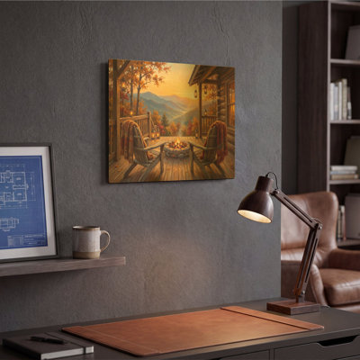 «Golden Sunset Firepit Mountain Valley View» par Veve, art mural en métal doré, 16 po x 12 po