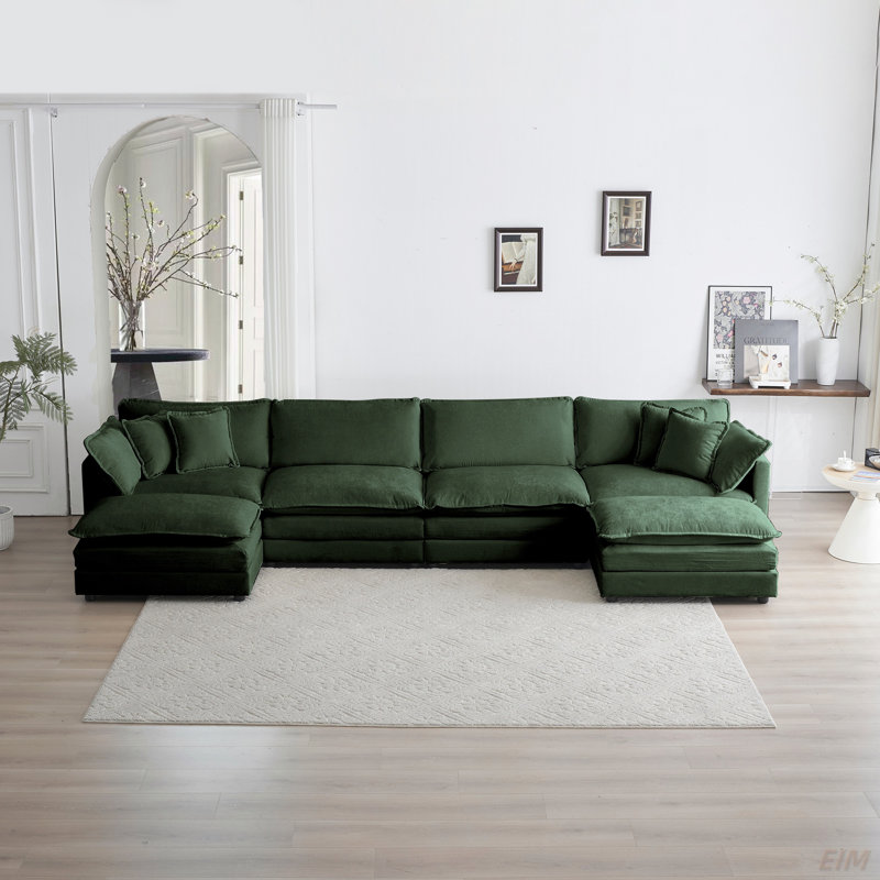 Comfort U Shaped Couch With Reversible Chaise, Modular Large U-Shape Sectional Sofa, Double Extra Ottomans, Green Chenille
