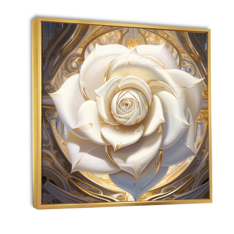 «Exquis White Rose Delicate Glam Illustration», reproduction sur toile, 36" H x 36" W, Cadre flottant doré