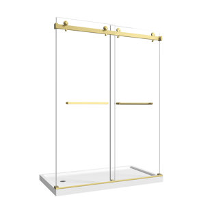 Porte de douche dorée brossée double sans cadre de 55 à 60 po x H 76 po avec fonction de fermeture douce réglable, verre trempé clair de 5/16 po (8 mm) Sgcc, nettoyage facile et membrane auto-adhésive anti-déflagrante