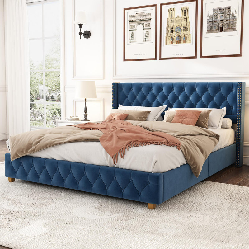 Doiron Upholstered Bed, Blue, European Kingsize (160 x 200cm)