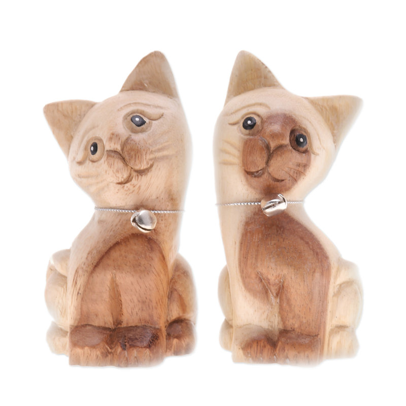Handmade Chiming Meows Wood Figurines (Set Of 2)